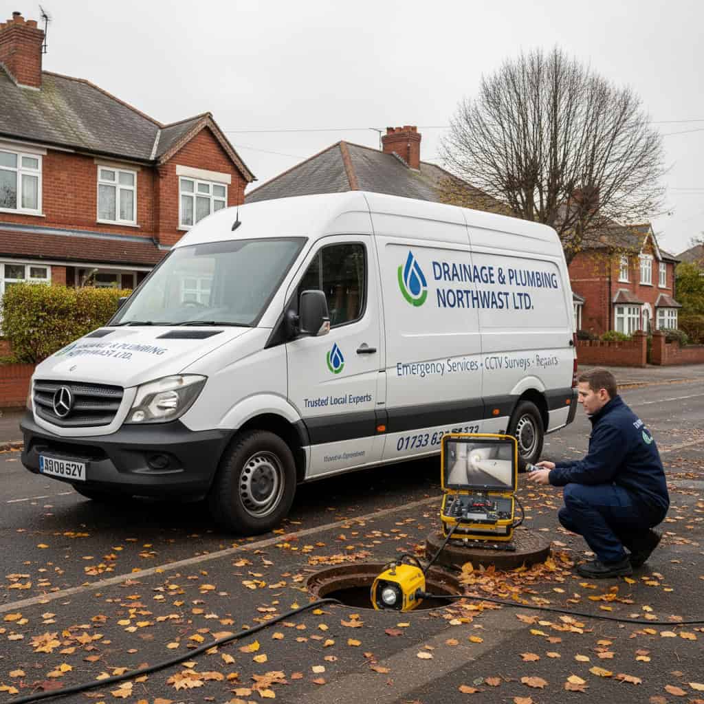 Company van with plumber working outside pipes